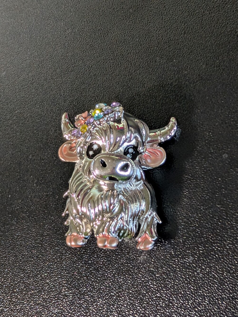 Silver Highland Cow Pin Brooch with Pastel Gems